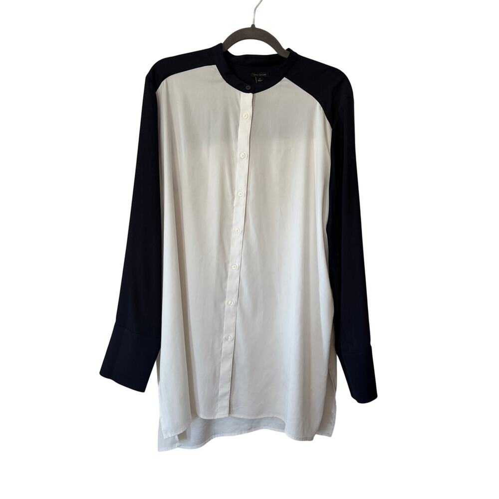 Ann Taylor tunic XL navy blue cream colorblock silky buttondown